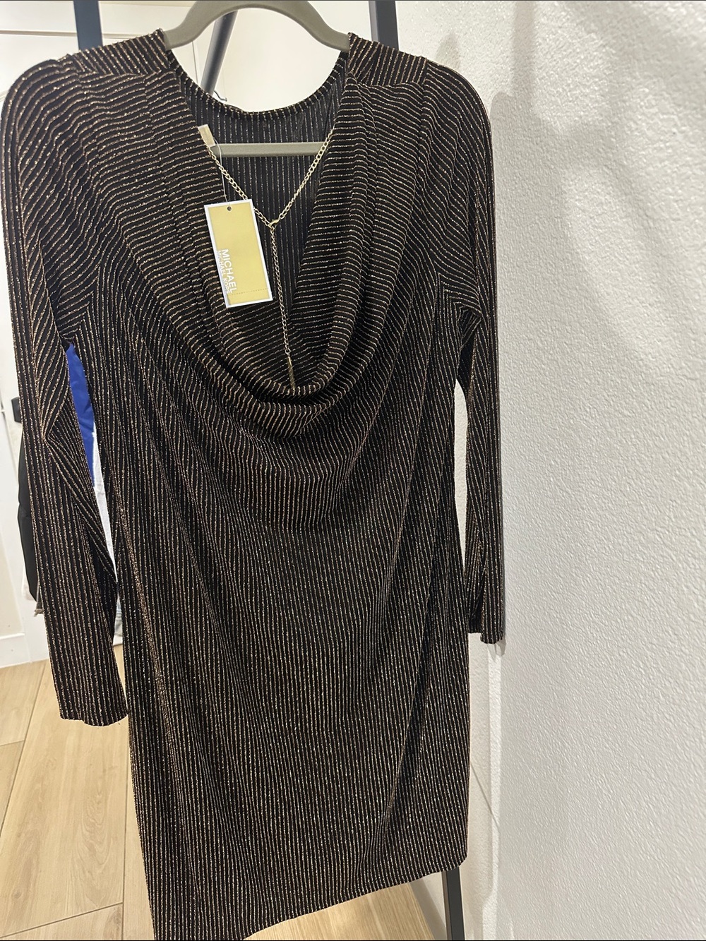MICHAEL Michael Kors Black with Gold Stripe Cowl Dress